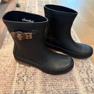 Chooka Black Ankle Rain Boots with Tan Buckle. Worn once.